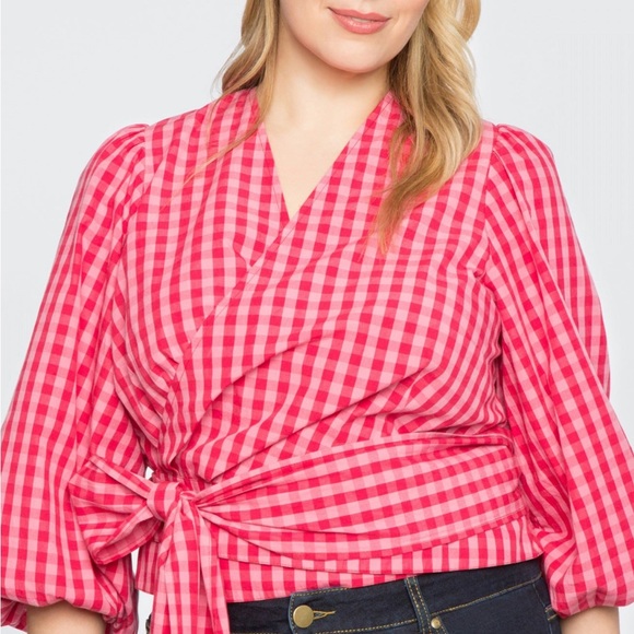 Draper James Eloquii red and pink checkered wrap top with tie waist - Picture 2 of 5